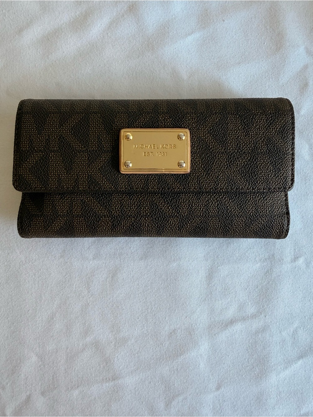 Michael Kors Dark Brown Logo Continental Wallet with Gold Plaque